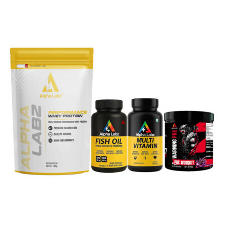 Alpha Labz Performance Whey Protein + Alpha Labz Fish Oil + Alpha Labz Multivitamin + Alpha Labz 24×7 Warning Pre